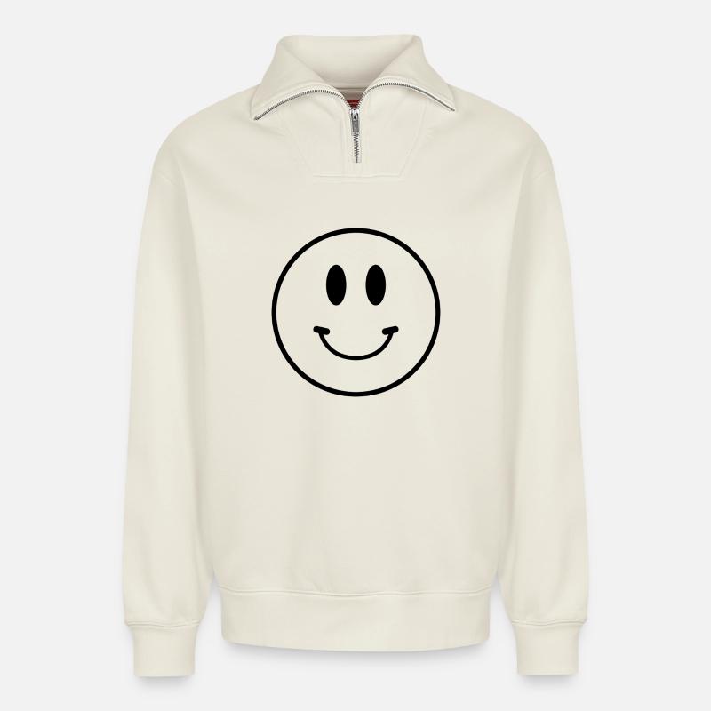 Smiley face - Relaxed Unisex Organic Half Zip Sweatshirt – by SPREAD - off white