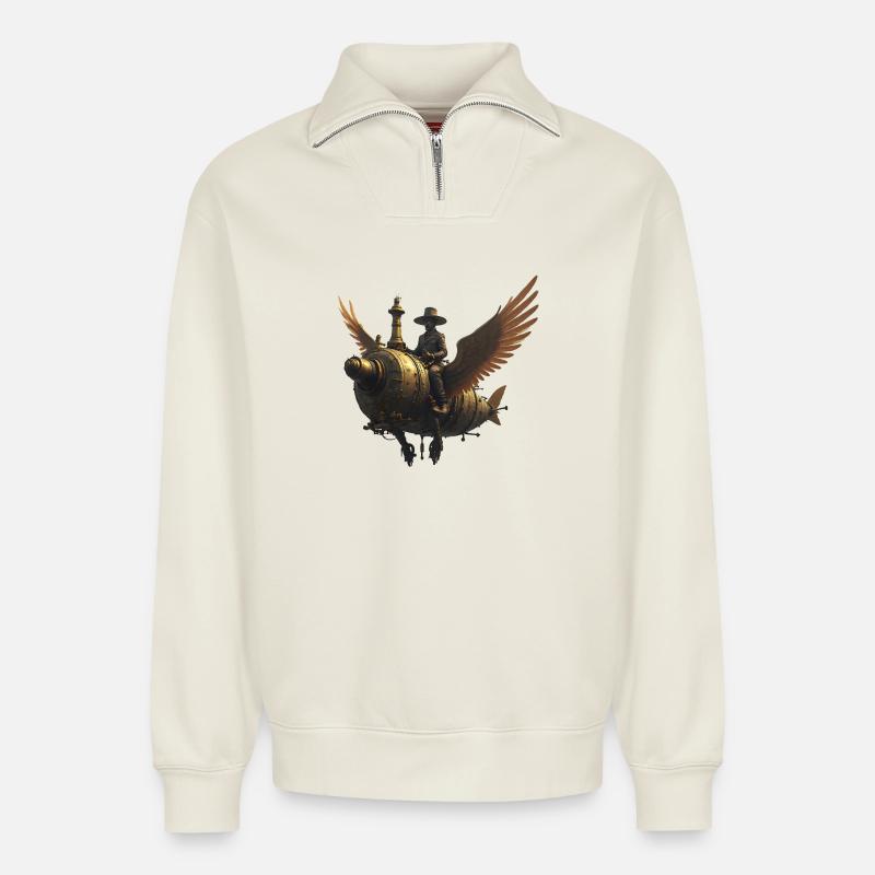 Steampunk - Sweat unisexe décontracté en coton biologique à demi-zip – de SPREAD - blanc cassé