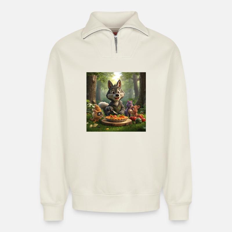 wolf, grey wolf, plush wolf - Relaxed Unisex Organic Half Zip Sweatshirt – by SPREAD - off white
