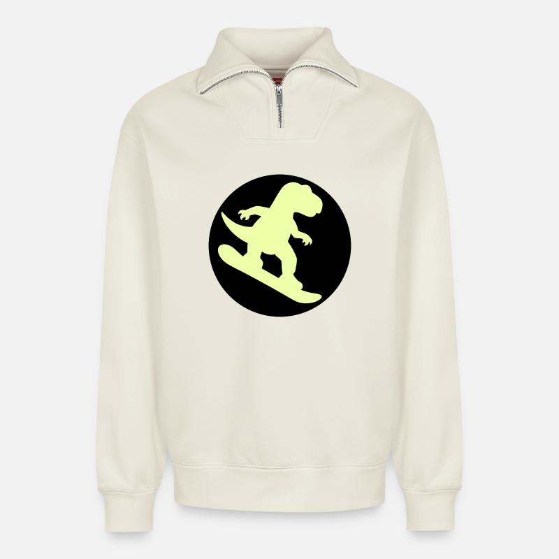 Kinder Snowboard Dinosaurier - Relaxed Unisex Organic Half Zip Sweatshirt – von SPREAD - Naturweiß