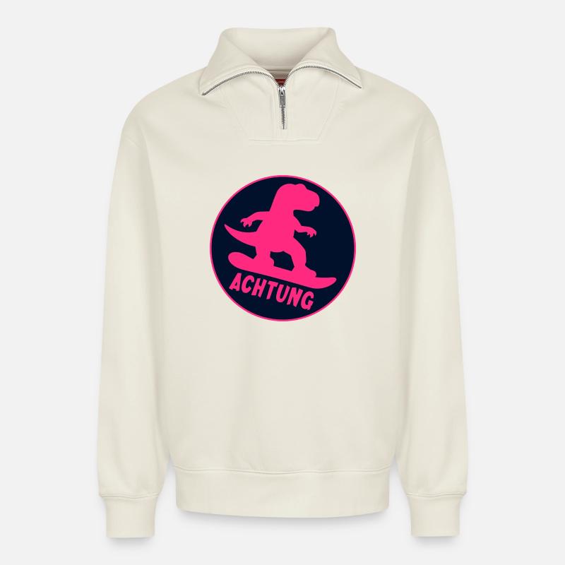 Kinder Wintersport Snowboarding Dinosaurier - Relaxed Unisex Organic Half Zip Sweatshirt – von SPREAD - Naturweiß