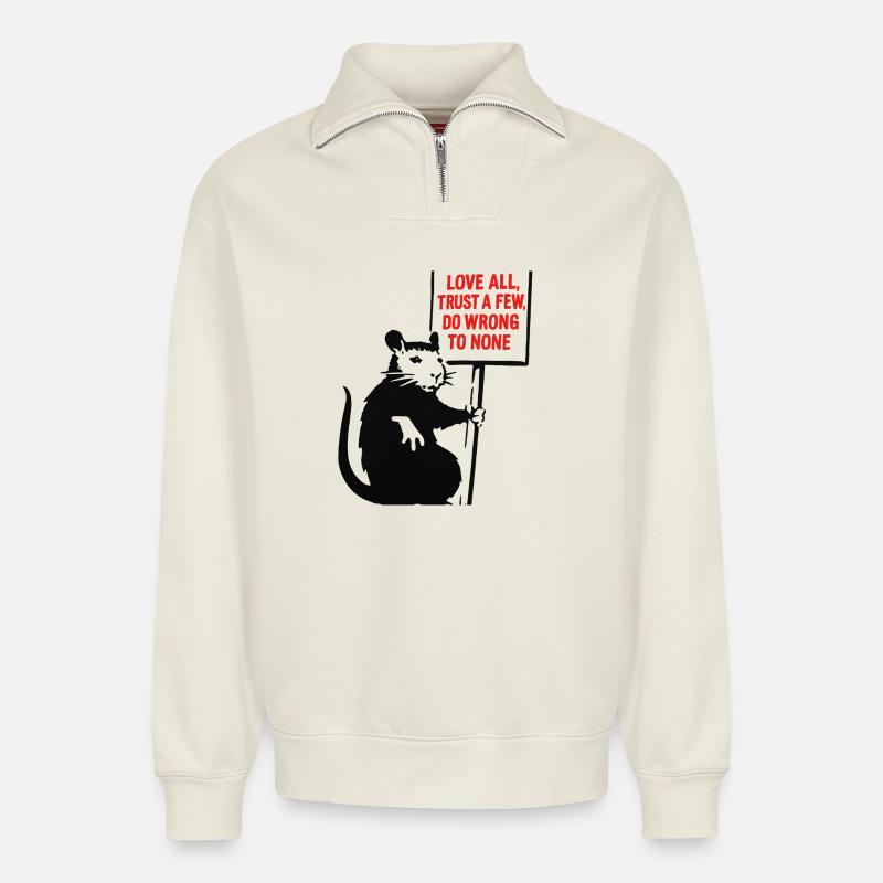 Rat with protest sign - Relaxed Unisex Organic Half Zip Sweatshirt – by SPREAD - off white