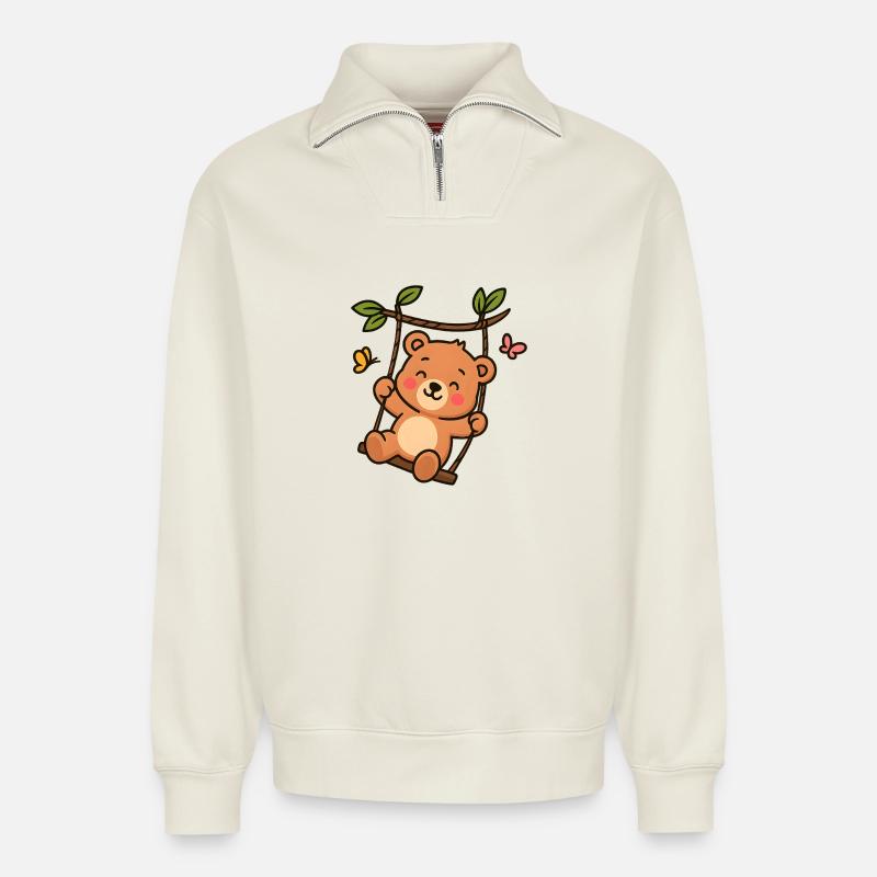 Kleiner Bär auf Schaukel - Relaxed Unisex Organic Half Zip Sweatshirt – von SPREAD - Naturweiß