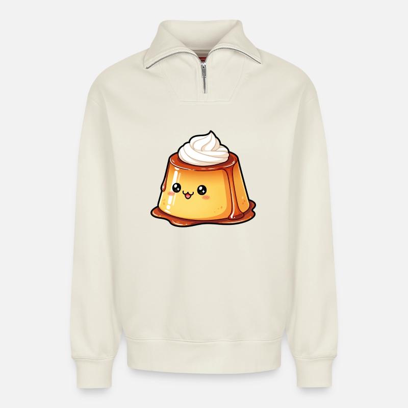 Pudding au caramel kawaï - Sweat unisexe décontracté en coton biologique à demi-zip – de SPREAD - blanc cassé