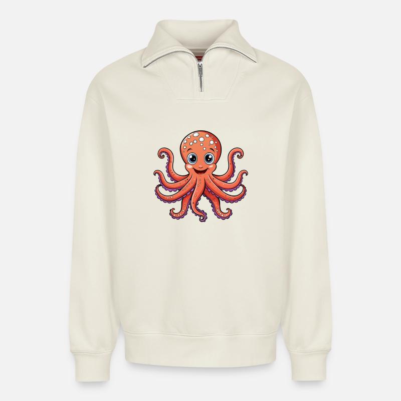 Octopus - Relaxed Unisex Organic Half Zip Sweatshirt – by SPREAD - off white