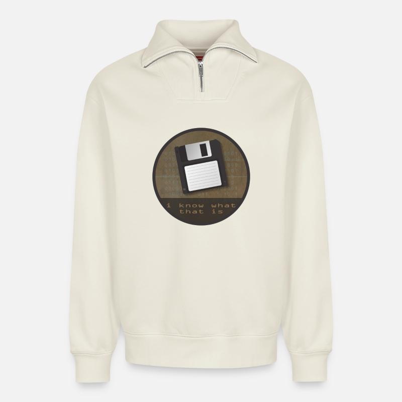 floppy disk - Relaxed Unisex Organic Half Zip Sweatshirt – by SPREAD - off white