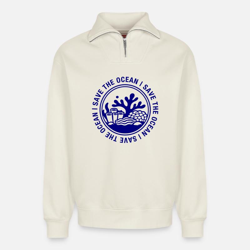 Rettet den Ozean - Relaxed Unisex Organic Half Zip Sweatshirt – von SPREAD - Naturweiß