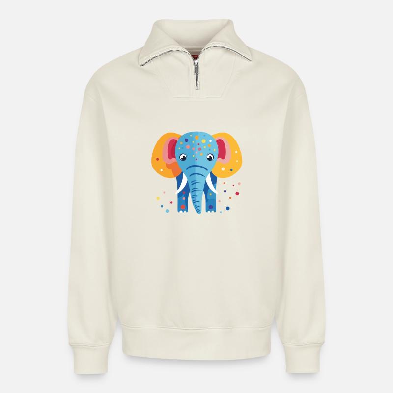 Bunter Elefantenkonfetti - Relaxed Unisex Organic Half Zip Sweatshirt – von SPREAD - Naturweiß