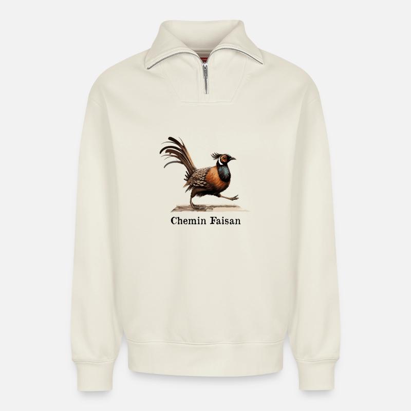 CHEMIN FAISAN !   - Sweat unisexe décontracté en coton biologique à demi-zip – de SPREAD - blanc cassé