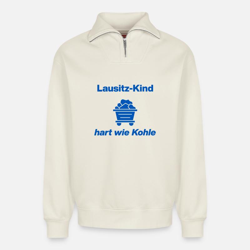 LAUSITZ-KIND: HARD AS COAL! - Relaxed Unisex Organic Half Zip Sweatshirt – by SPREAD - off white