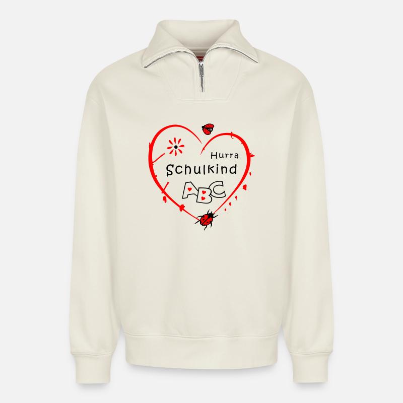 Écolier avec coccinelle - Sweat unisexe décontracté en coton biologique à demi-zip – de SPREAD - blanc cassé