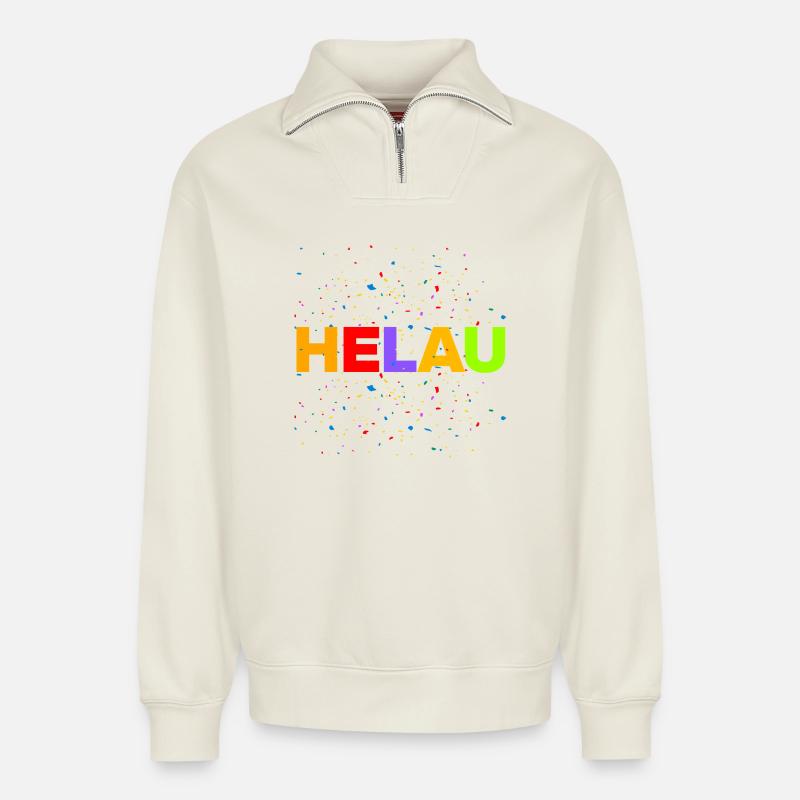 HELAU, CONFETTI EXPLOSION! - Relaxed Unisex Organic Half Zip Sweatshirt – by SPREAD - off white