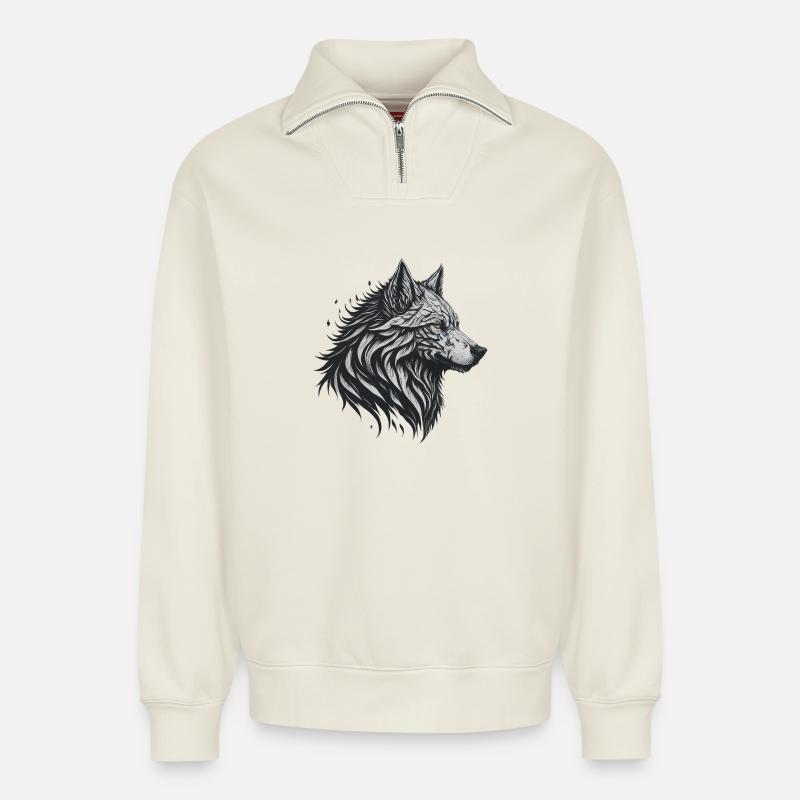 Geometric Black Wolf - Relaxed Unisex Organic Half Zip Sweatshirt – by SPREAD - off white