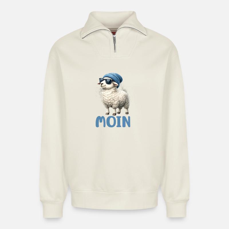 Moin sheep with sunglasses - Relaxed Unisex Organic Half Zip Sweatshirt – by SPREAD - off white