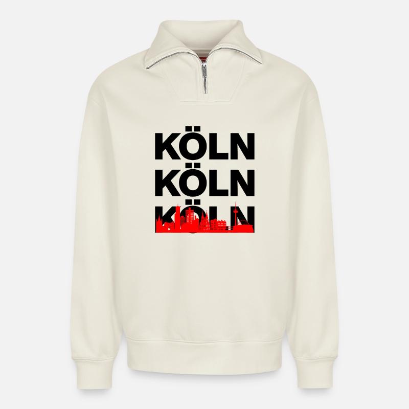 COLOGNE SKYLINE – DOM POWER ! - Sweat unisexe décontracté en coton biologique à demi-zip – de SPREAD - blanc cassé