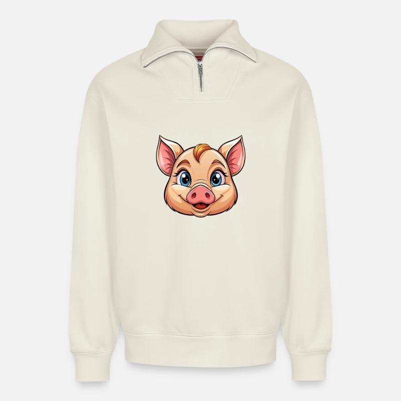 Face de cochon - Sweat unisexe décontracté en coton biologique à demi-zip – de SPREAD - blanc cassé