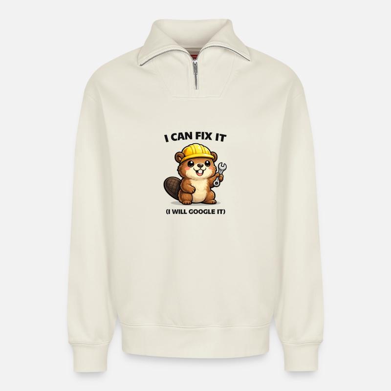Biber Mechaniker: I Can Fix It - Relaxed Unisex Organic Half Zip Sweatshirt – von SPREAD - Naturweiß