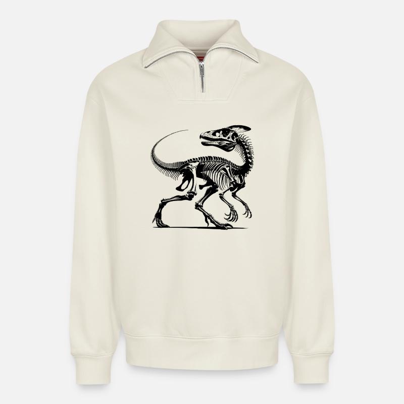 Dinosaur Raptor with Backbone Bones - Relaxed Unisex Organic Half Zip Sweatshirt – by SPREAD - off white
