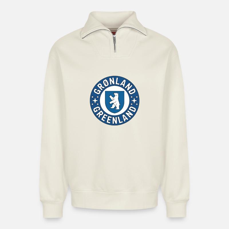 Grönland – Rundes Abzeichen-Tee - Relaxed Unisex Organic Half Zip Sweatshirt – von SPREAD - Naturweiß