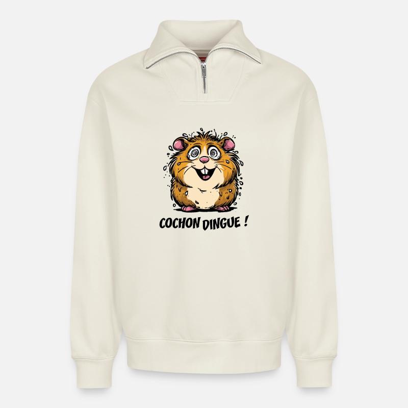 COCHON DINGUE ! - Sweat unisexe décontracté en coton biologique à demi-zip – de SPREAD - blanc cassé