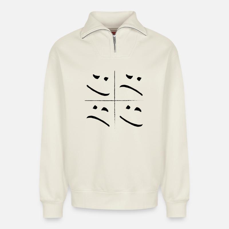 split face sad good - Relaxed Unisex Organic Half Zip Sweatshirt – von SPREAD - Naturweiß