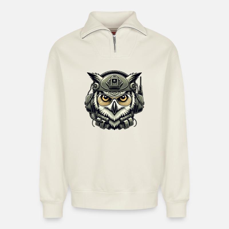 Taktische Eule mit Helm - Relaxed Unisex Organic Half Zip Sweatshirt – von SPREAD - Naturweiß