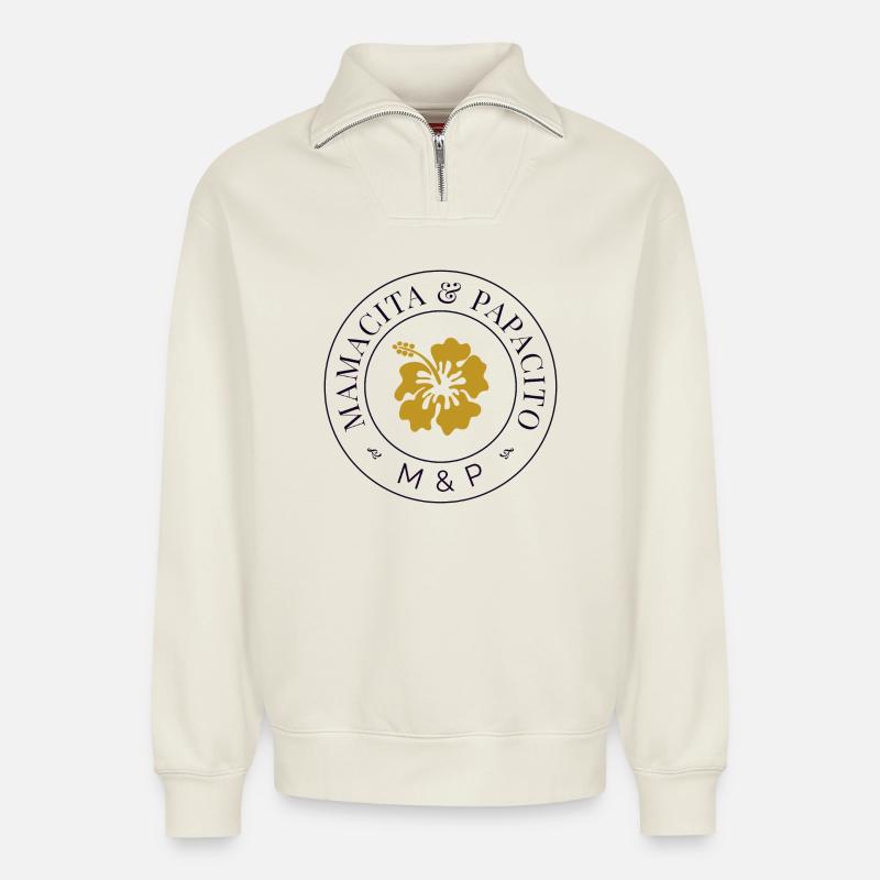 Hibiscus Seal M&P Logo - Relaxed Unisex Organic Half Zip Sweatshirt – by SPREAD - off white