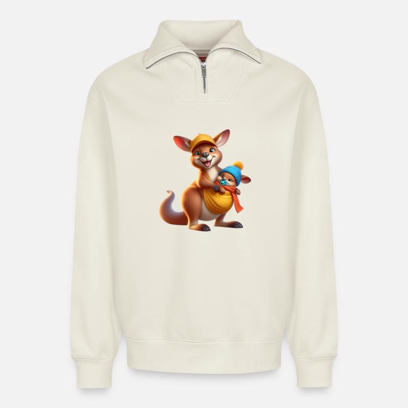 Happy kangaroo with baby - Relaxed Unisex Organic Half Zip Sweatshirt – by SPREAD - off white