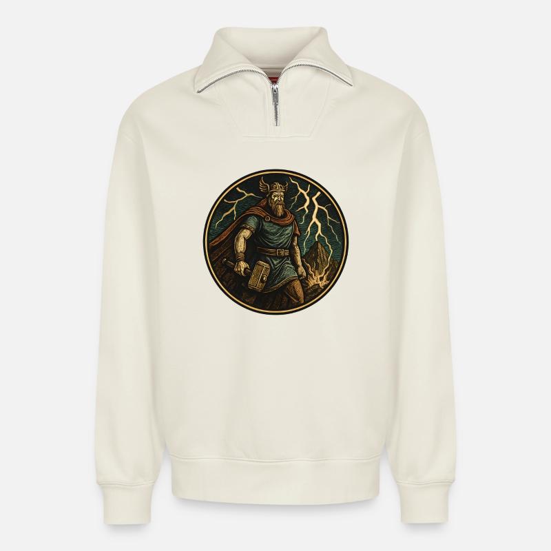 Wikinger Sturmhammer Thor - Relaxed Unisex Organic Half Zip Sweatshirt – von SPREAD - Naturweiß