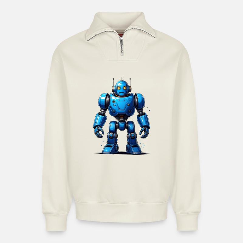 Blauer Roboter - Relaxed Unisex Organic Half Zip Sweatshirt – von SPREAD - Naturweiß