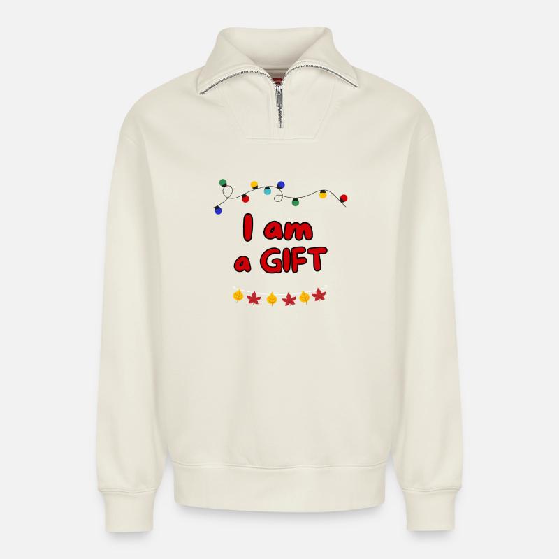 ICH BIN EIN GESCHENK - Relaxed Unisex Organic Half Zip Sweatshirt – von SPREAD - Naturweiß