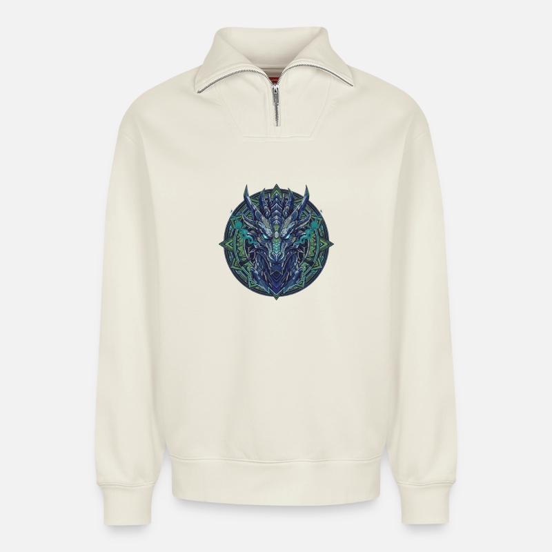 Blaugrünes Drachen - Mandala - Relaxed Unisex Organic Half Zip Sweatshirt – von SPREAD - Naturweiß