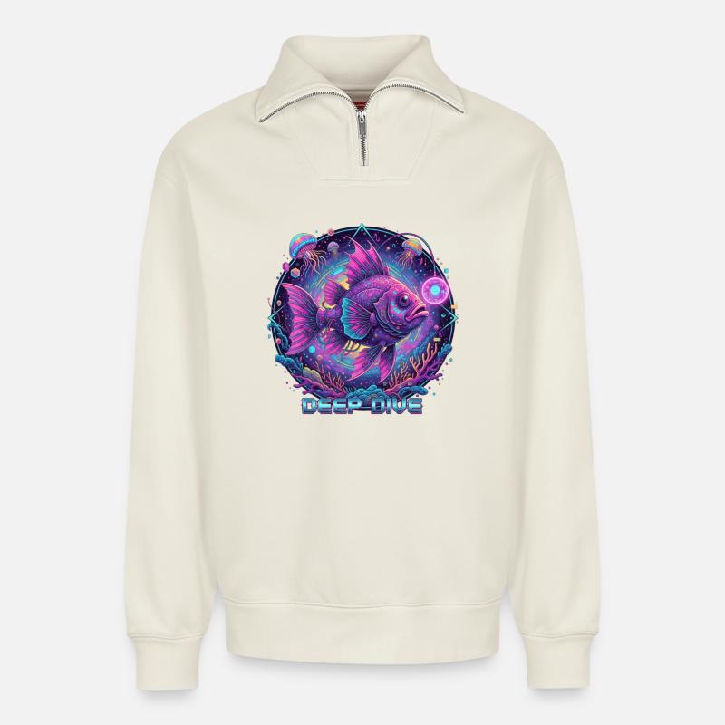Deep Dive Neonfisch Unterwasser - Relaxed Unisex Organic Half Zip Sweatshirt – von SPREAD - Naturweiß