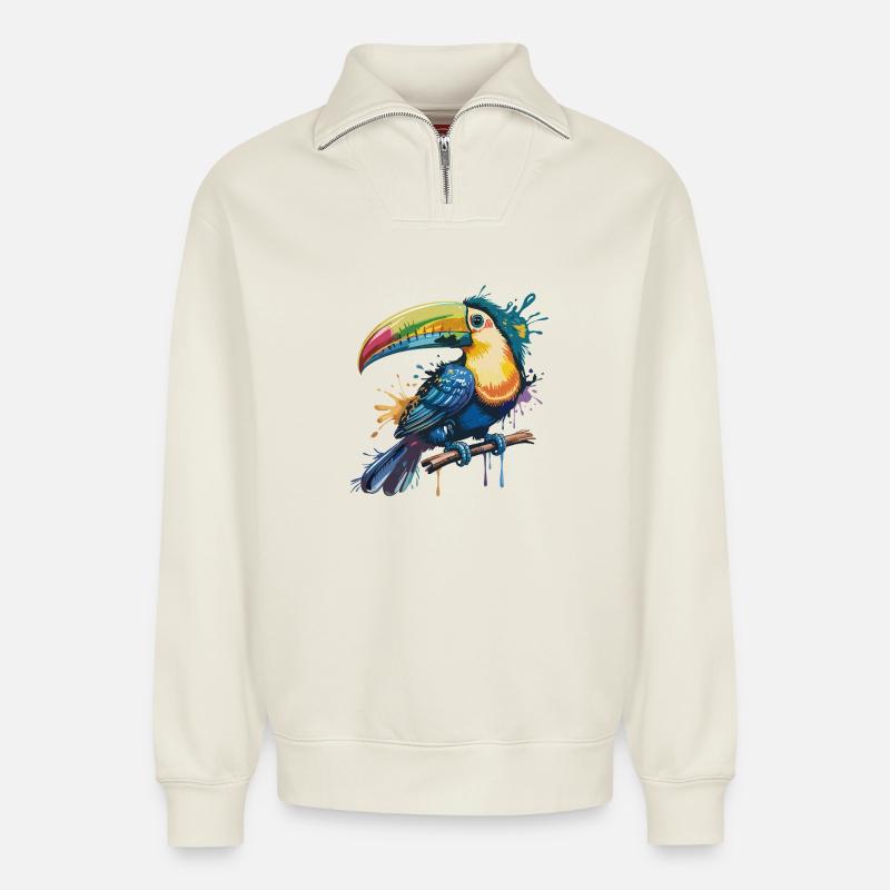 Bunter Tukan Farbexplosion - Relaxed Unisex Organic Half Zip Sweatshirt – von SPREAD - Naturweiß