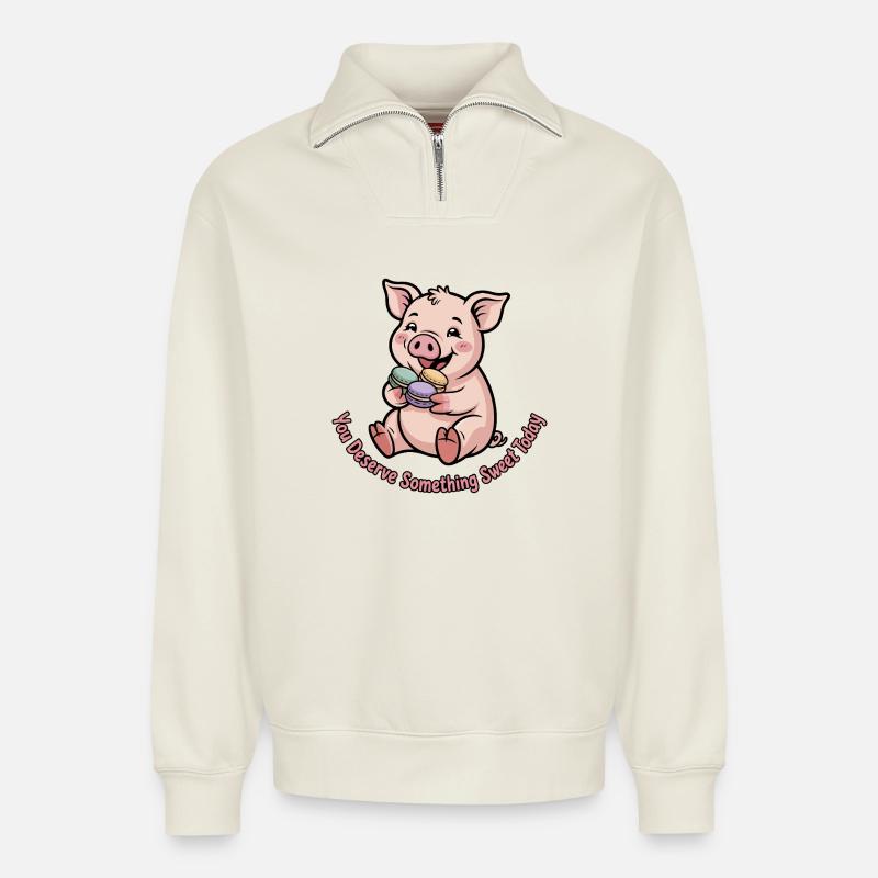 Süßes Schweinchen mit Macaron - Relaxed Unisex Organic Half Zip Sweatshirt – von SPREAD - Naturweiß