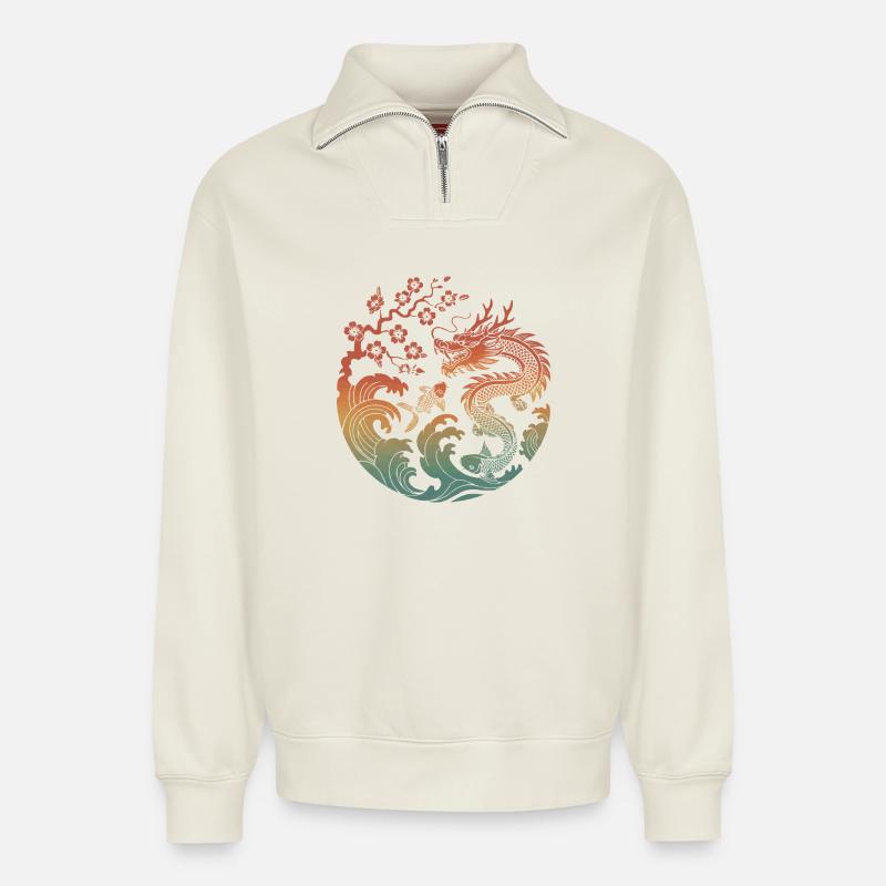 Drache & Koi Kreisdesign - Relaxed Unisex Organic Half Zip Sweatshirt – von SPREAD - Naturweiß