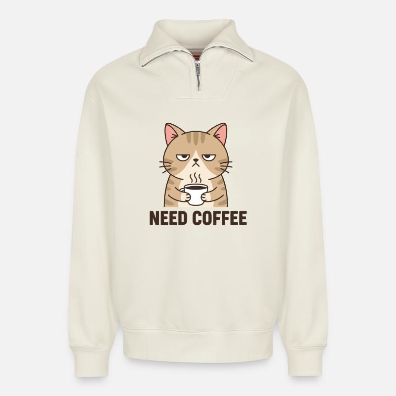 Kaffee Wütende Katze - Relaxed Unisex Organic Half Zip Sweatshirt – von SPREAD - Naturweiß