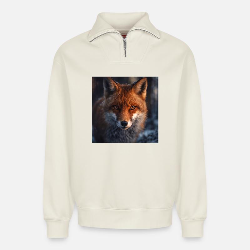 Fox scouting at dusk - Relaxed Unisex Organic Half Zip Sweatshirt – by SPREAD - off white
