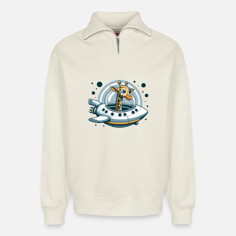 Giraffen-Raumschiff Abenteuer - Relaxed Unisex Organic Half Zip Sweatshirt – von SPREAD - Naturweiß