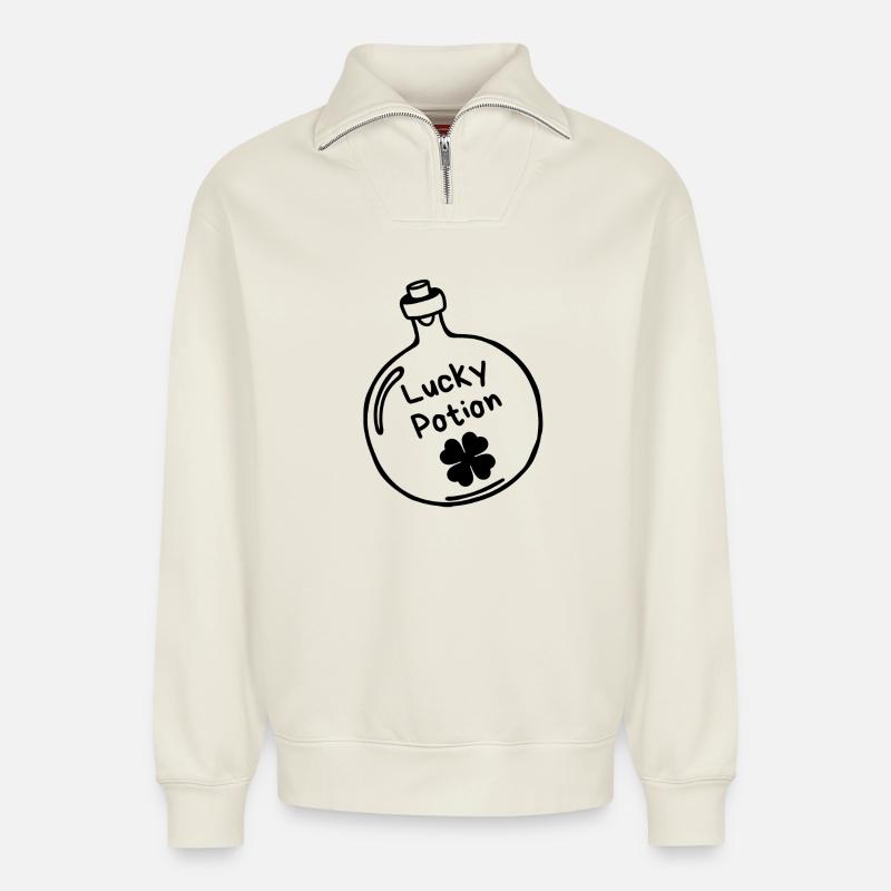 Lucky Potion - Sweat unisexe décontracté en coton biologique à demi-zip – de SPREAD - blanc cassé
