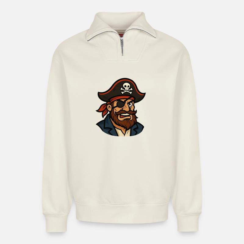 Pirate Captain Eye Patch - Relaxed Unisex Organic Half Zip Sweatshirt – by SPREAD - off white