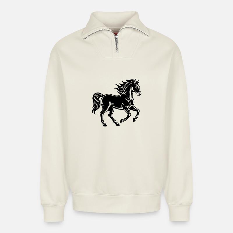 Cheval au galop - Sweat unisexe décontracté en coton biologique à demi-zip – de SPREAD - blanc cassé