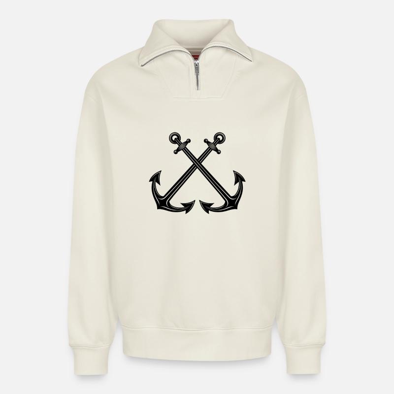 Ancres croisées - Sweat unisexe décontracté en coton biologique à demi-zip – de SPREAD - blanc cassé