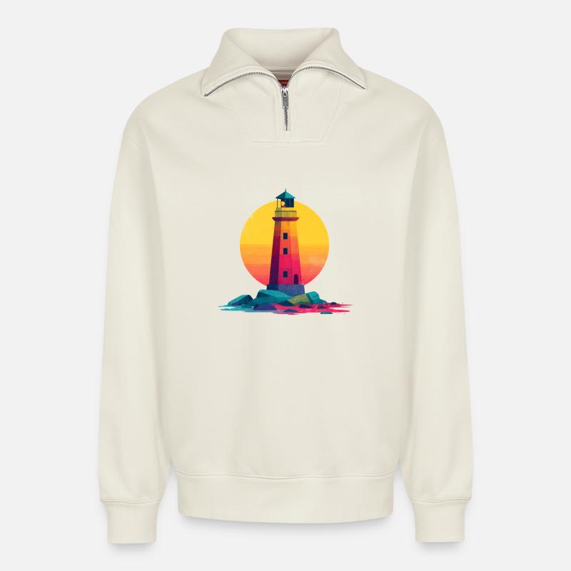lighthouse - Relaxed Unisex Organic Half Zip Sweatshirt – by SPREAD - off white