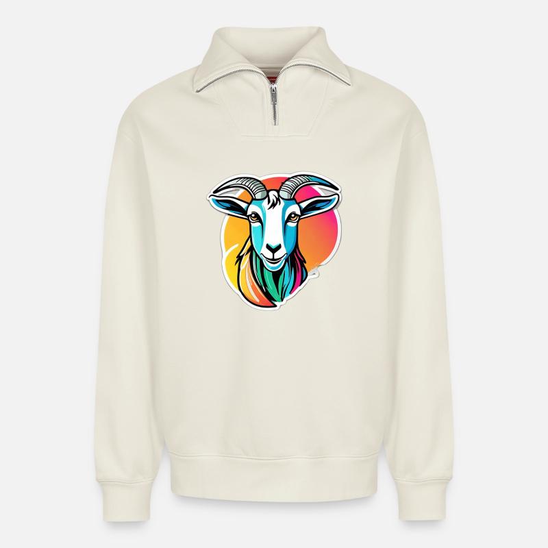 Bunte Regenbogenziege - Relaxed Unisex Organic Half Zip Sweatshirt – von SPREAD - Naturweiß
