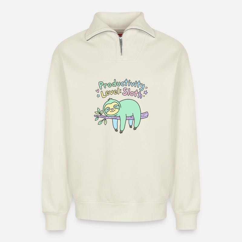 Productivity Level Sloth - Relaxed Unisex Organic Half Zip Sweatshirt – von SPREAD - Naturweiß