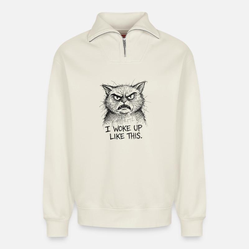 Furious Cat Scribble - Relaxed Unisex Organic Half Zip Sweatshirt – by SPREAD - off white