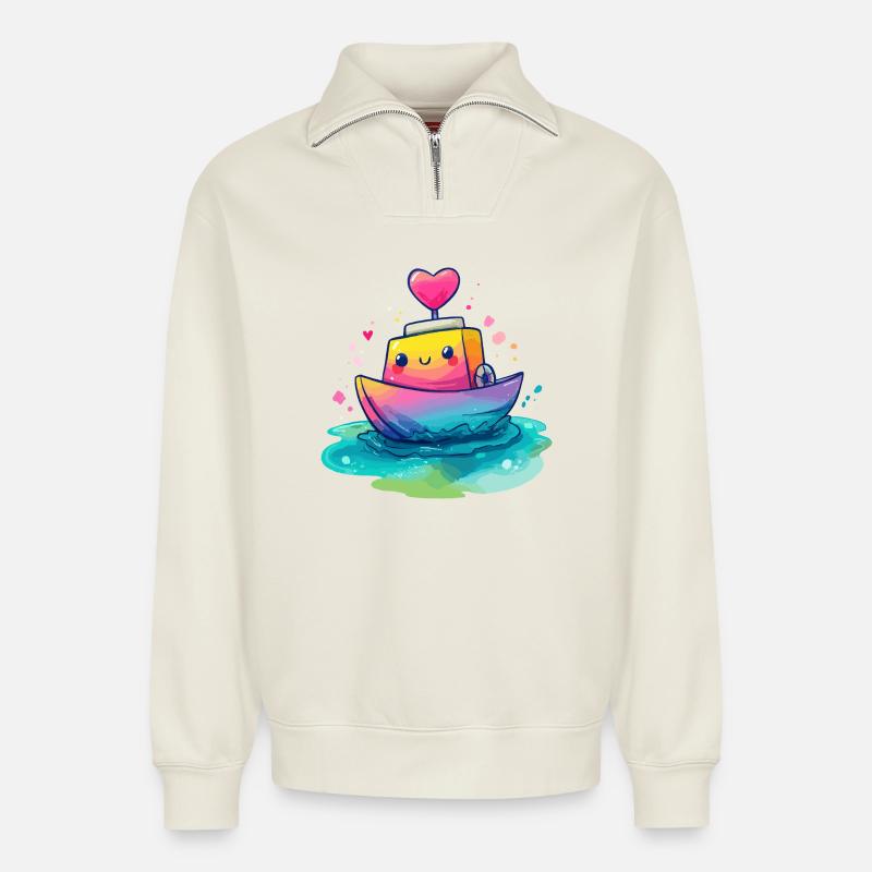 Herzboot im Regenbogenmeer - Relaxed Unisex Organic Half Zip Sweatshirt – von SPREAD - Naturweiß