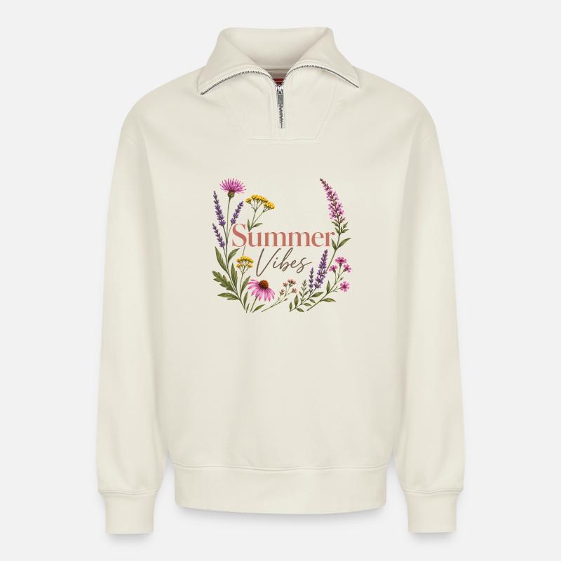 Summer Vibes Blütenkranz - Relaxed Unisex Organic Half Zip Sweatshirt – von SPREAD - Naturweiß
