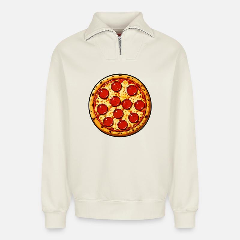 Pepperoni Pizza Illustration Comicstil - Relaxed Unisex Organic Half Zip Sweatshirt – von SPREAD - Naturweiß